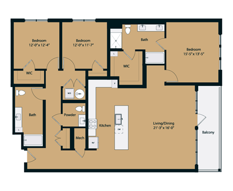 Floor plan for 3 beds, 2.5 baths, 1868 sqft